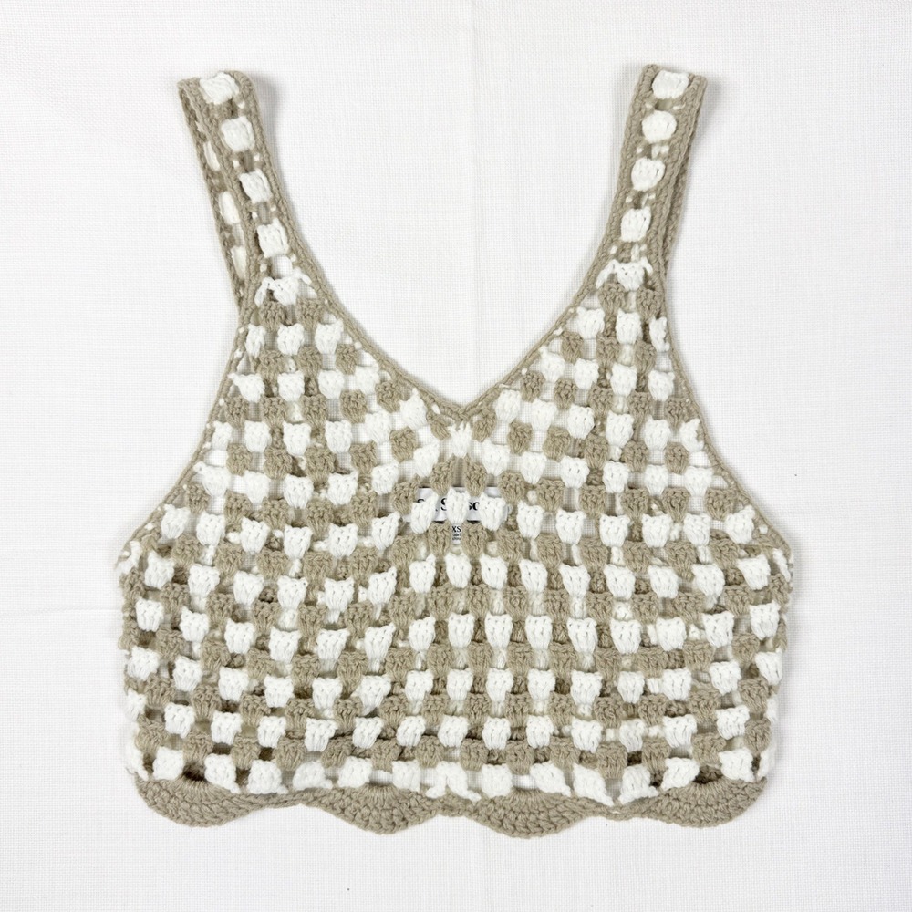En Saison‎ Mirabeau Crochet Tank Top Women XS Beige White Checkered Boho Knit